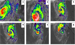 Fig.2. Hurac&aacute;n &ldquo;OTIS&rdquo;. Secuencia 1-6 de im&aacute;genes de sat&eacute;lite de la NASA. P&eacute;rdida de circularidad  y ruptura del ojo del hurac&aacute;n &ldquo;OTIS&rdquo; en el mar.